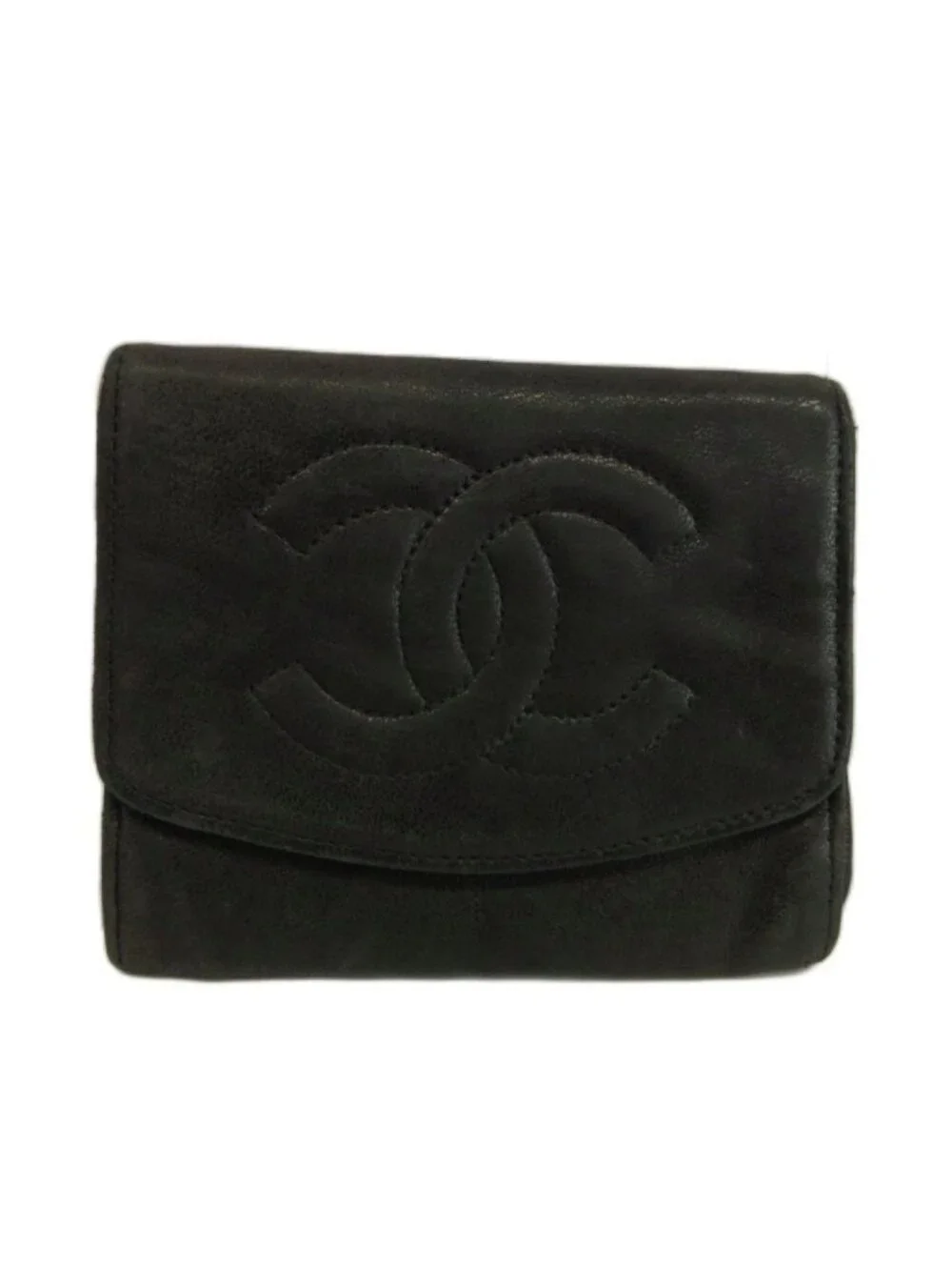 Chanel Vintage Coin Purse Bifold Leather CC Logo Stitch Black